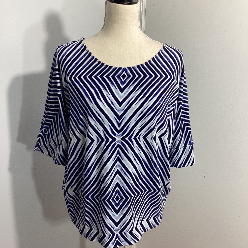 CHICO'S SIZE 3 (XL) JERSEY KNIT KIMONO TOP BLUE GEOMETRIC PRINT